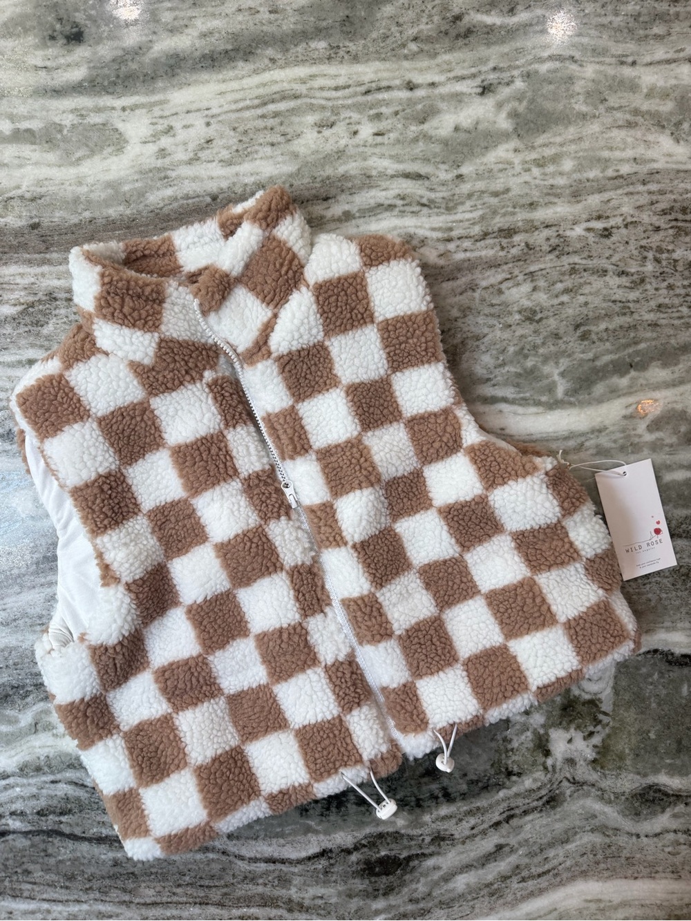 NWT Wild Rose Checkerboard Sherpa Vest in Cream & Tan
Medium